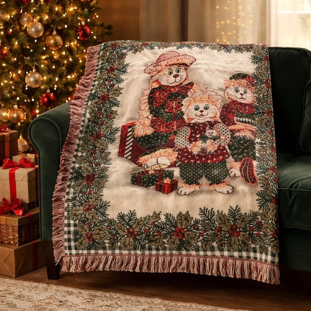 Vtg Goodwin Weaver 100% Cotton Tapestry Throw Blanket 46x52 USA Bear Family EUC